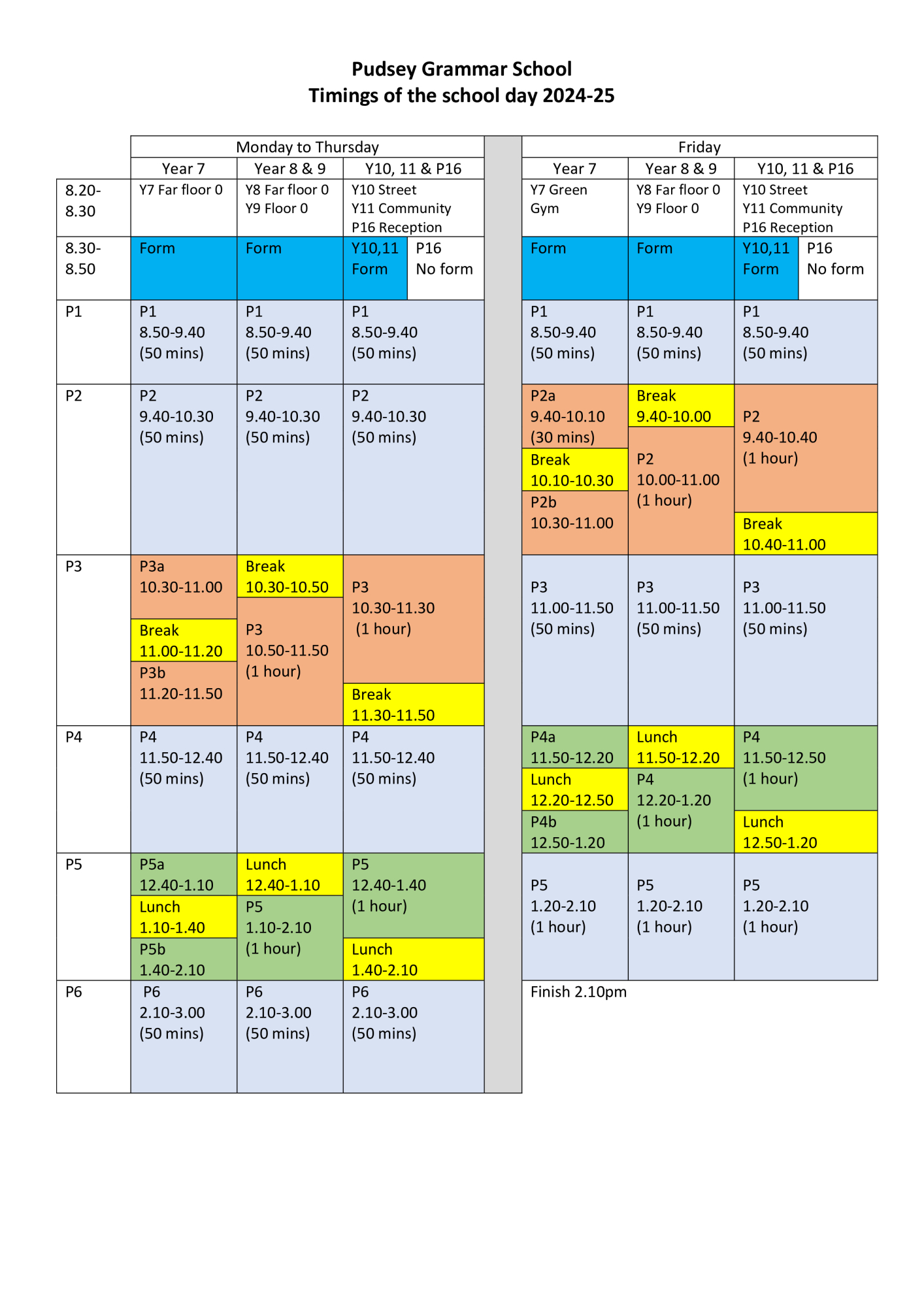 Timings of the school day 2024-25